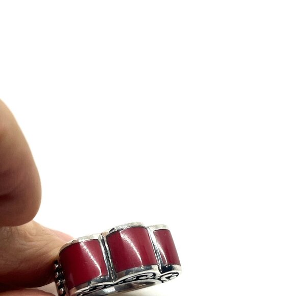 VINTAGE STERLING SILVER 925 RED CORAL STONE HS RING SCROLL SCALLOPED EDGE BOHO 7 - Picture 11 of 15